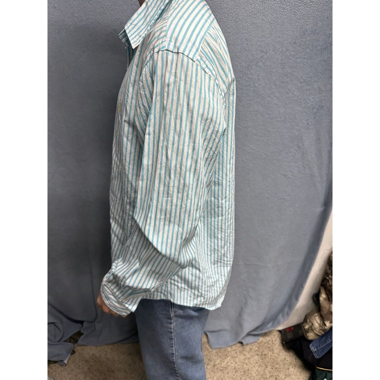 Men’s Teal And White Striped XL Button Up Long Sleeve Ralph Lauren Shirt
