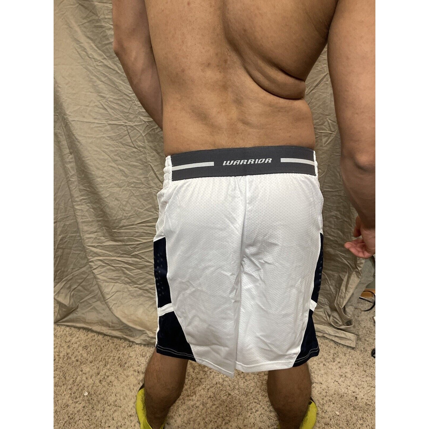 Men's white with dark blue warrior adult small Basketball Style Shorts No Pocket