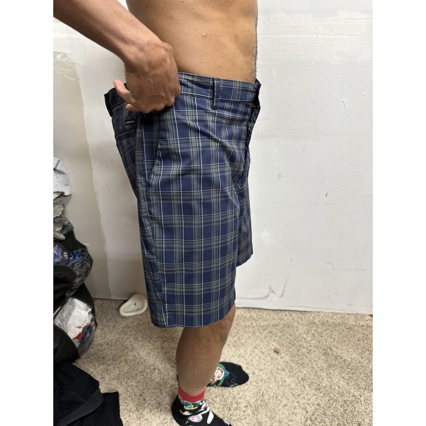 CHAPS Golf 78 Shorts Mens 36 Navy/Green/Grey Plaid Flat Front Stretch