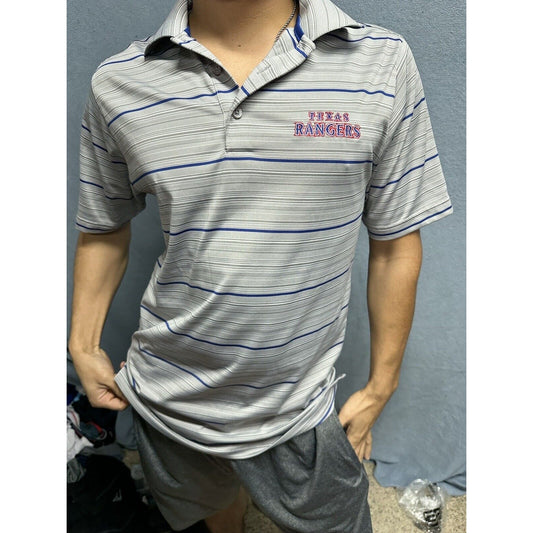Men’s Gray Striped Antigua Medium Texas Rangers Short Sleeve Polo Shirt