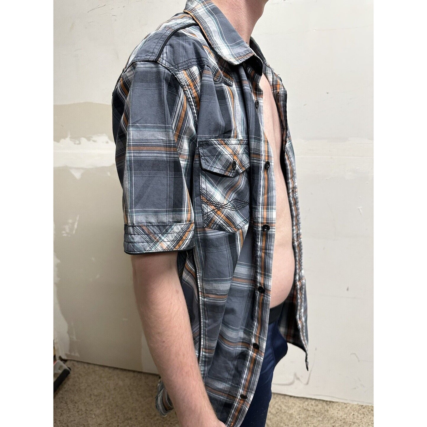 men’s button up helix large gray plaid shirt