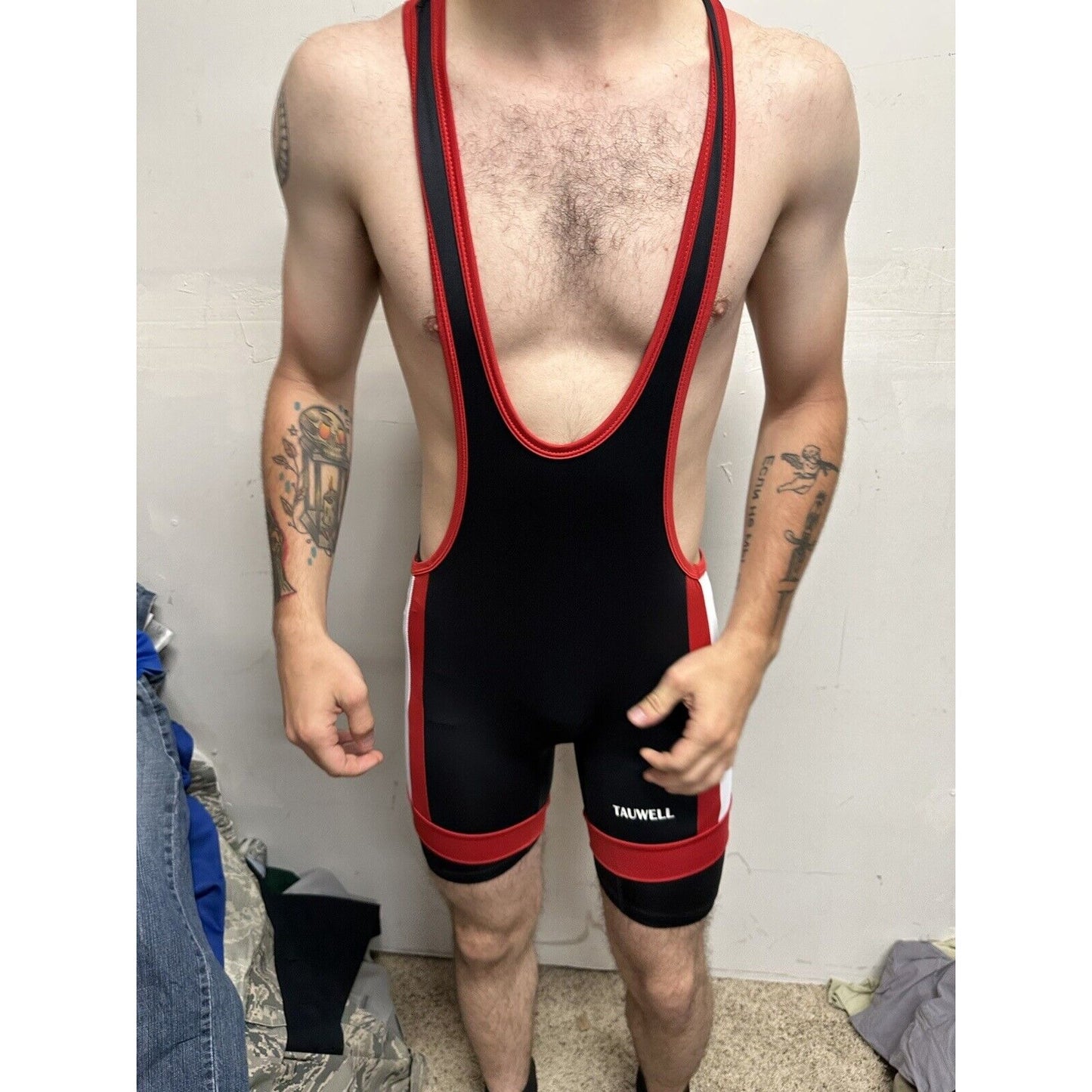Men’s Tauwell Wrestling Singlet Black And Red With White Large