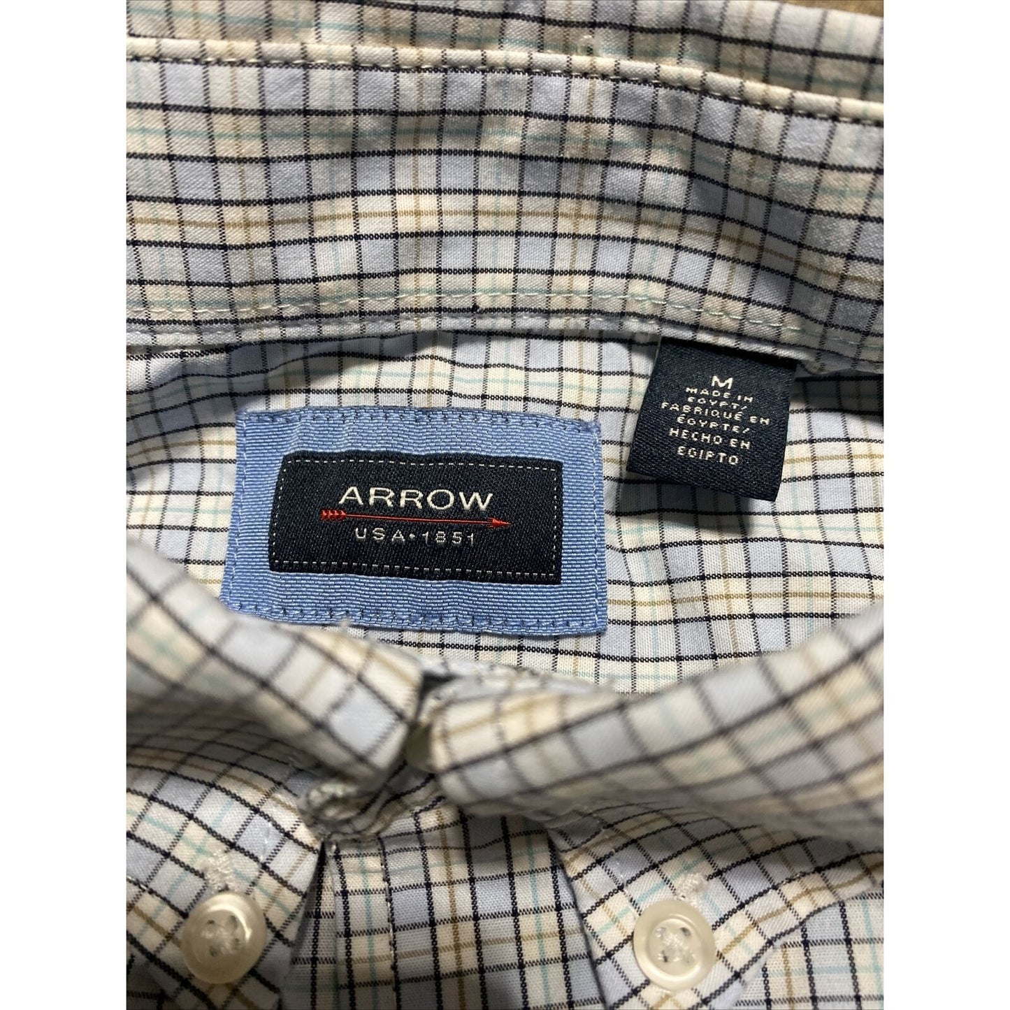 Arrow Men’s Medium Sky Blue Plaid Checks Button-down Shirt Sleeves