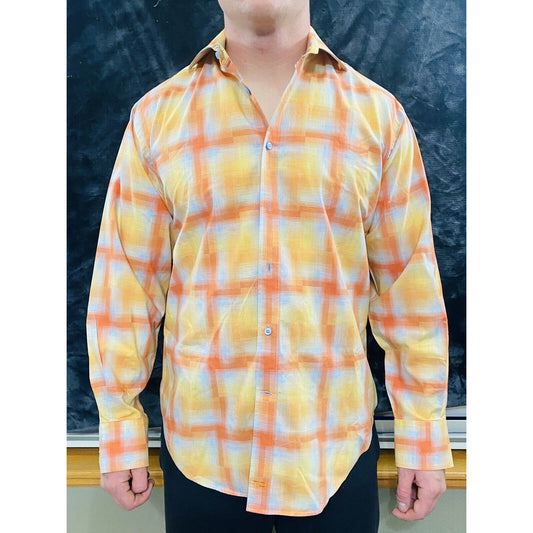 Thomas Dean Men's Medium Yellow & Orange Plaid Button-down Long Sleeves