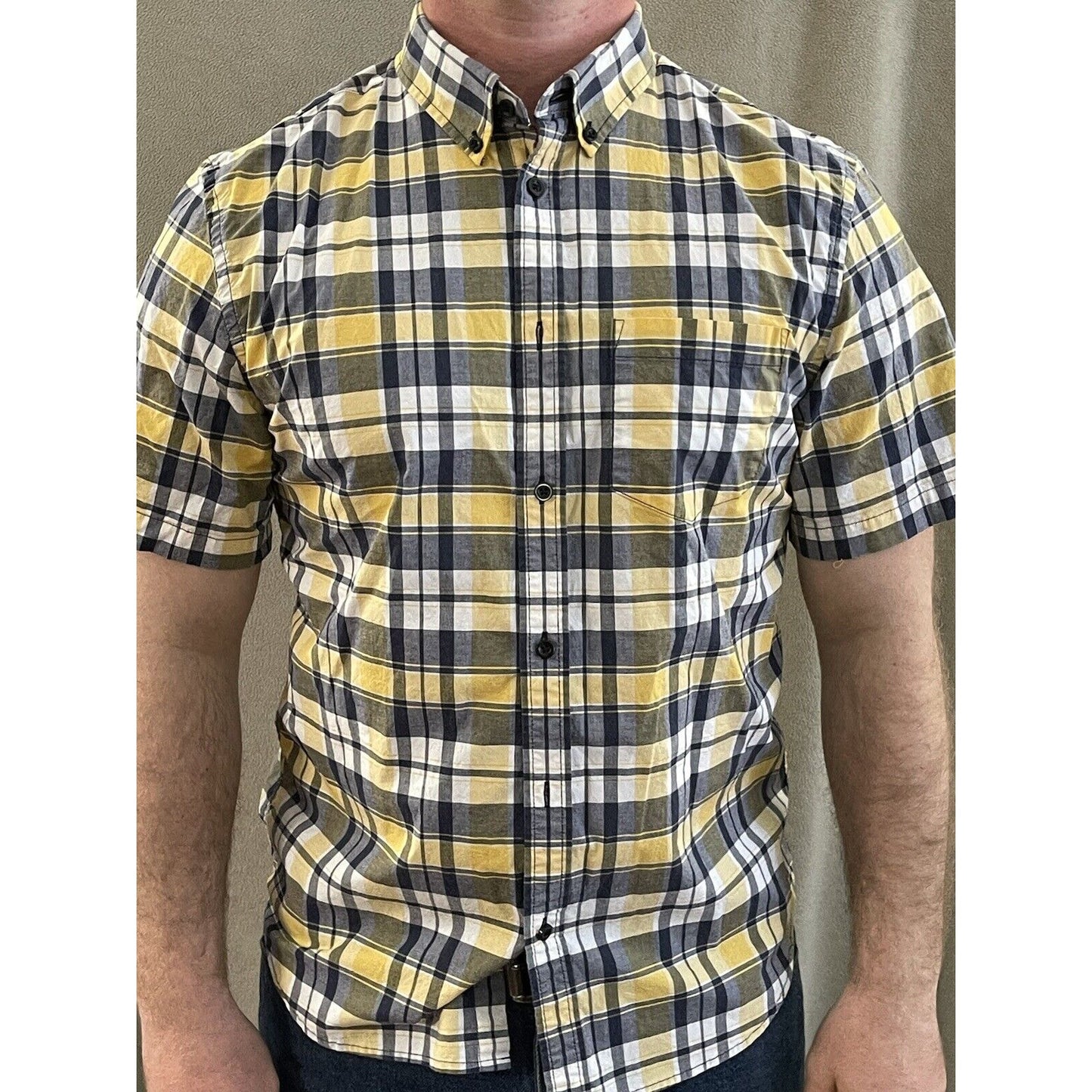 Old Navy Men’s Classic Shirt Stretch Built In Flex Yellow Blue Plaid Large