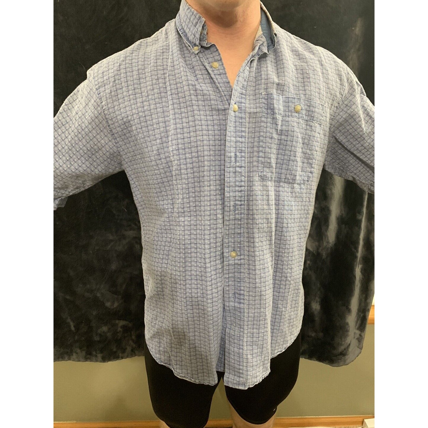 Bugle Boy Company Mens Medium Short Sleeve Blue Checkered Shirt Sleeve Pocket