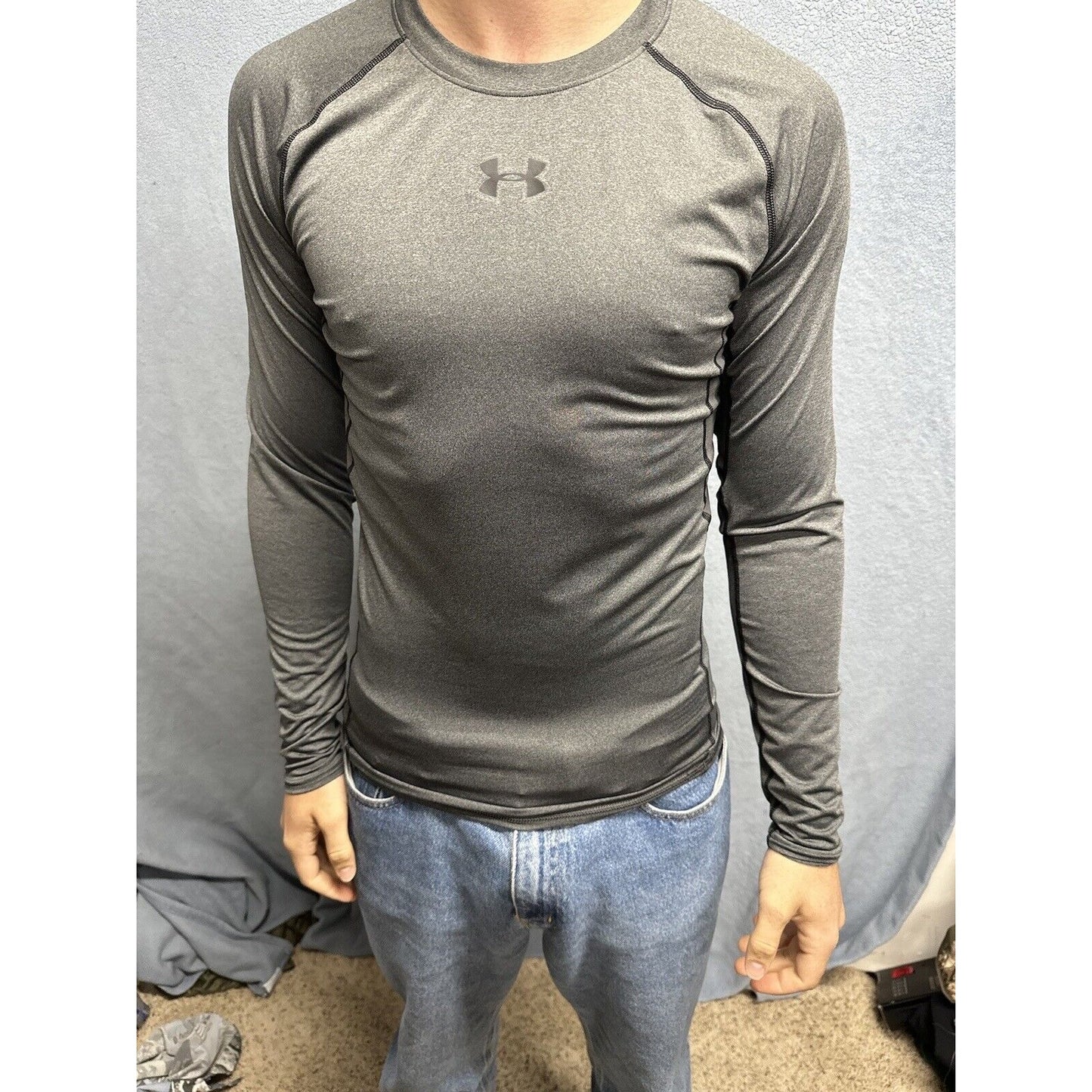 Men’s Large Gray Under Armour Compression Long Sleeve Pullover Shirt Athletic