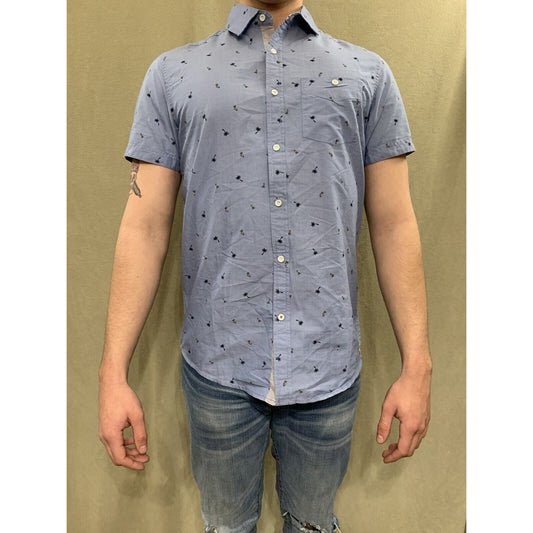 Free Planet Button Down Shirt Mens Small Palm Trees Aloha Hula Hawaiian Blue