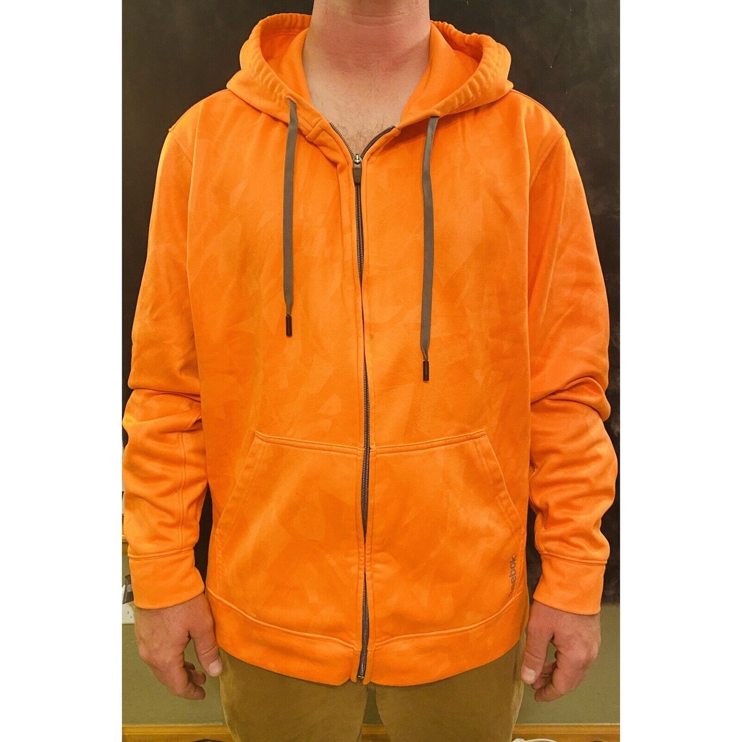 Vintage REEBOK XL Polyester Bright Orange Zip-up Hoodie w/ Geometric Design