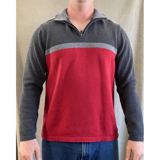 Eddie Bauer Men’s Large Gray Red Cotton 1/4-zip Pullover Sweater
