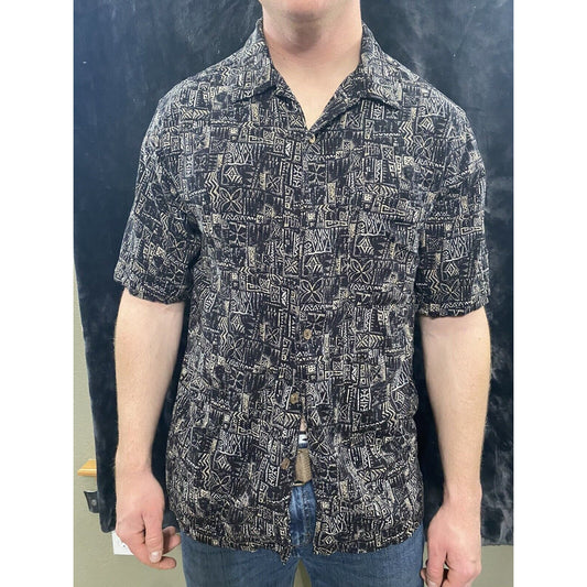 Caribbean Men’s Large Black Tropical Tribal Button-down Shirt