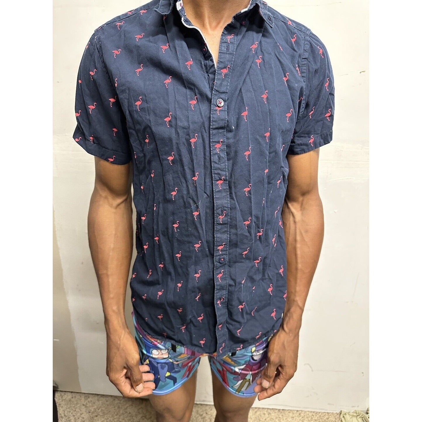 Men’s Cactus Man Ricky Singh Medium Dark Blue Button Up Flamingo Shirt Slim Fit