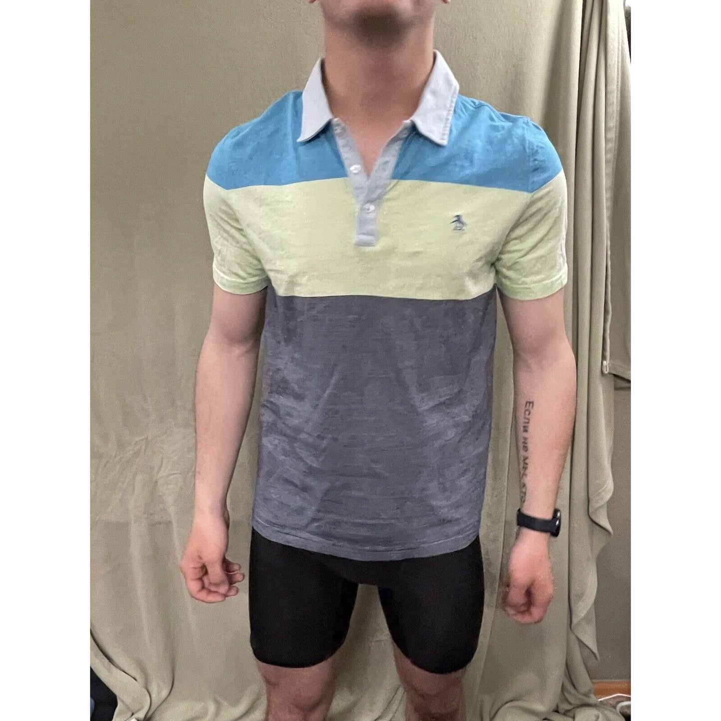 PENGUIN By Munsingwear 3 Button SS Polo Shirt Gree/Blue Large Heritage Slim Fit