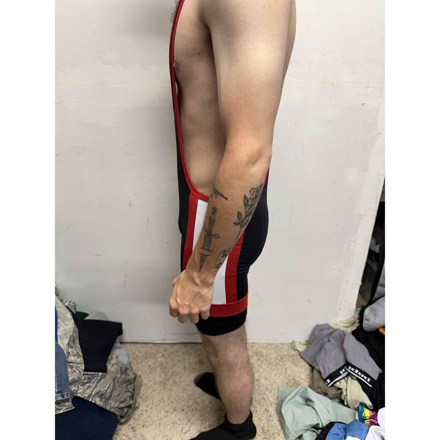 Men’s Tauwell Wrestling Singlet Black And Red With White Large
