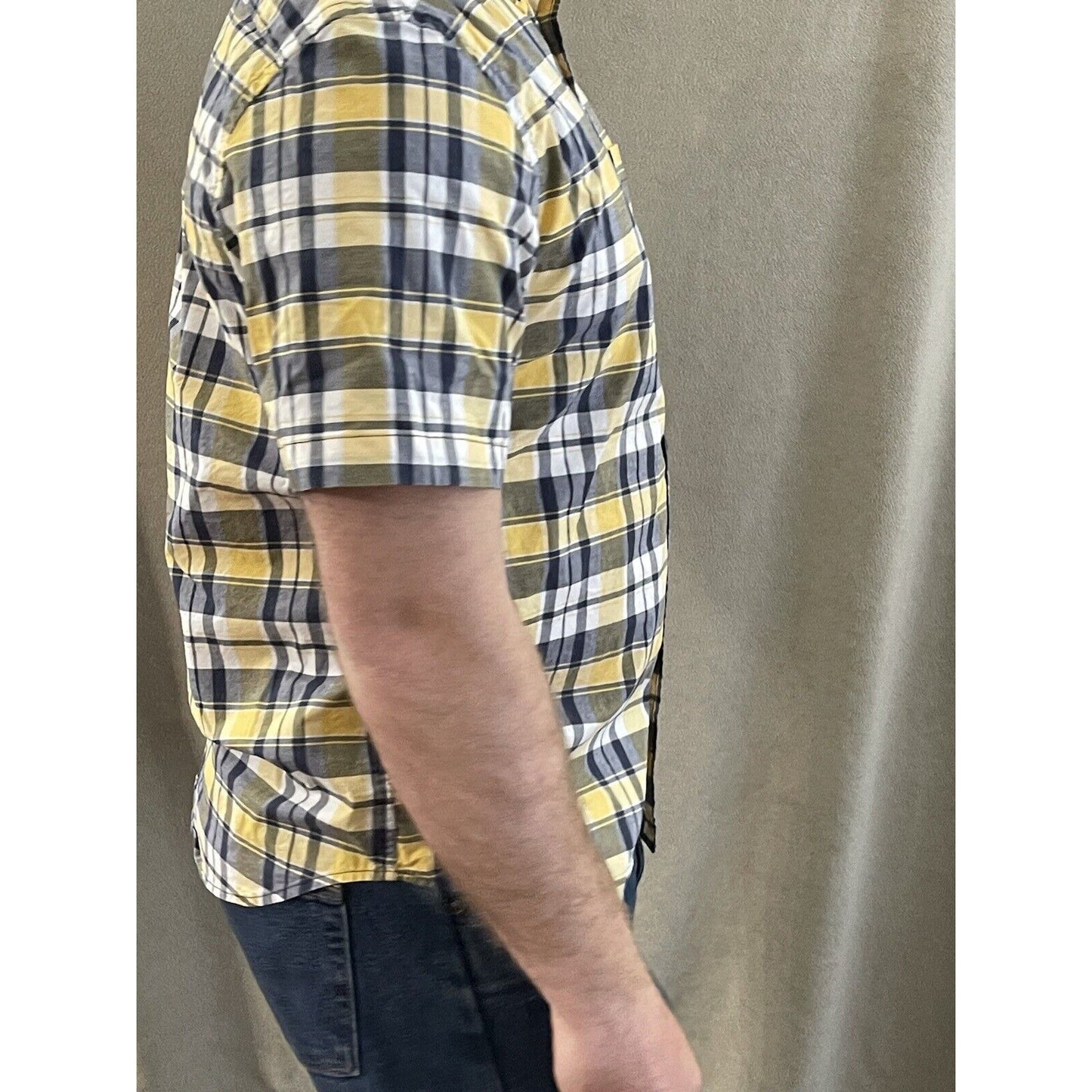 Old Navy Men’s Classic Shirt Stretch Built In Flex Yellow Blue Plaid Large