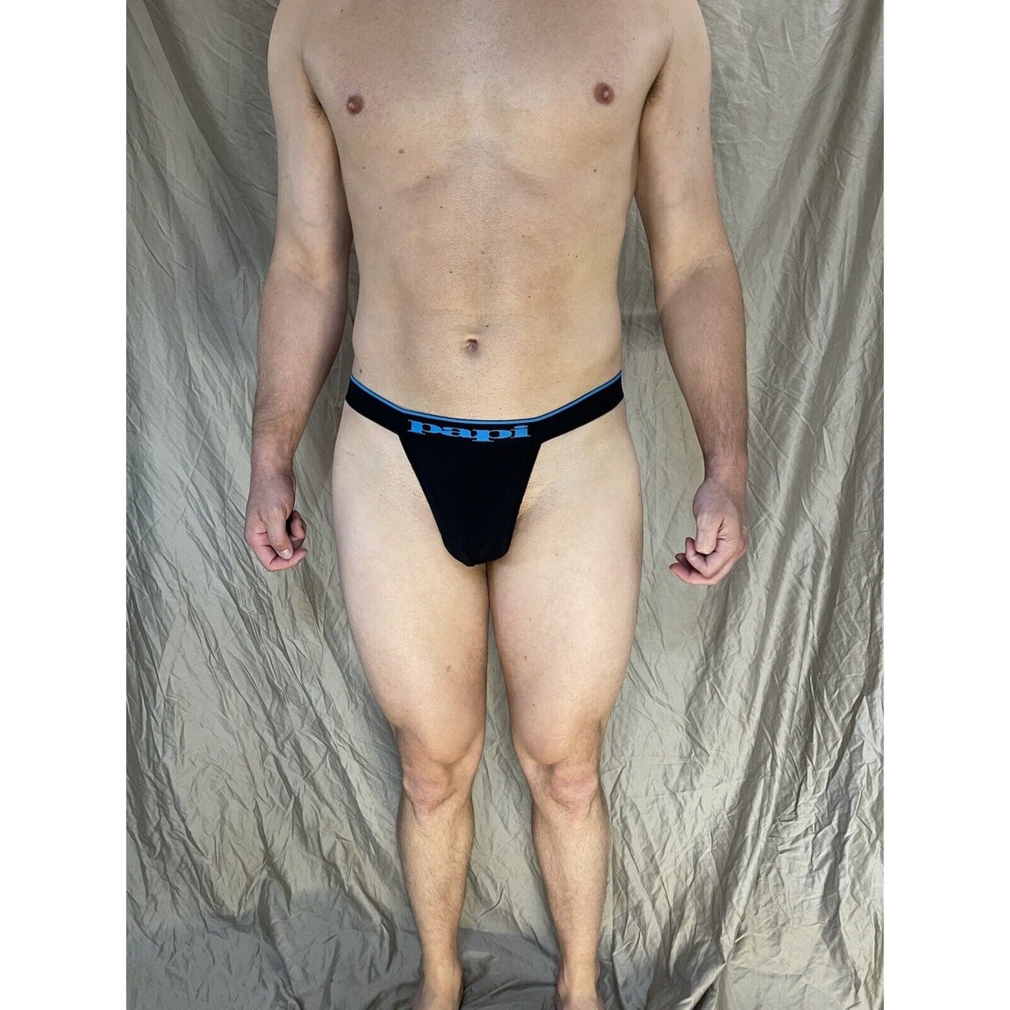 men's papi black Thong with aqua lettering Small