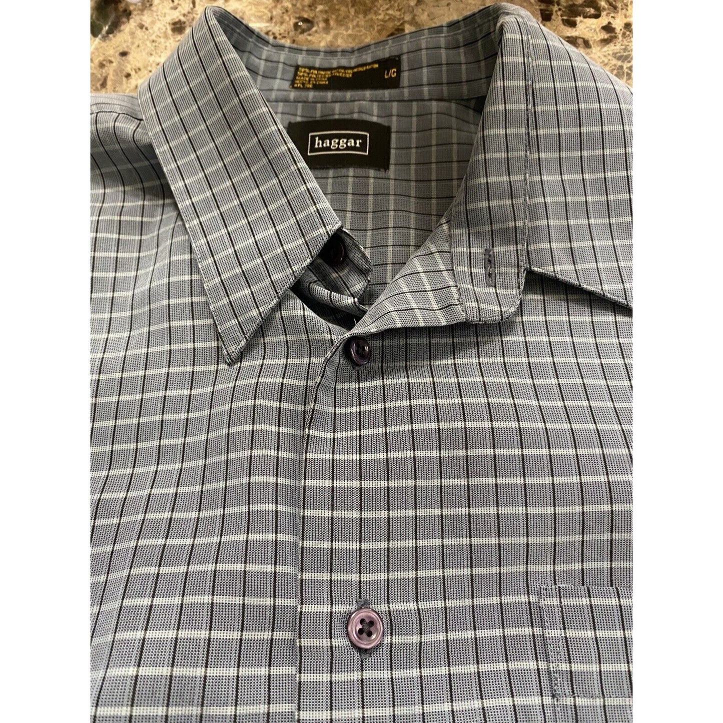 HAGGAR Men’s Large Gray Checkered Wrinkle-free Button-down Long Sleeves Shirt