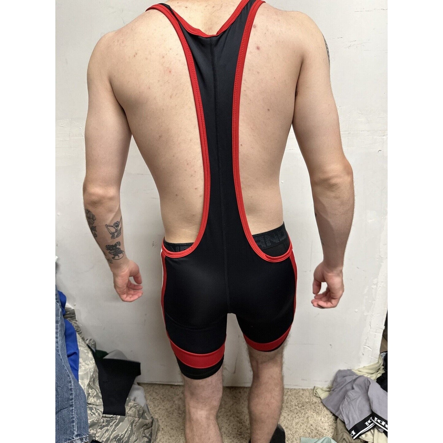 Men’s Tauwell Wrestling Singlet Black And Red With White Large