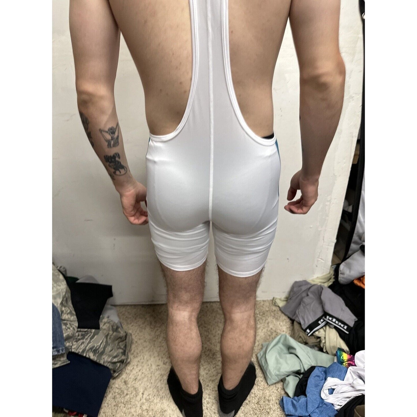 Men’s Tauwell White And Aqua Wrestling Singlet Large
