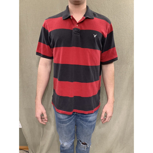 Mens American Eagle Logo Red & Black Striped  Polo Short Sleeve Shirt Large