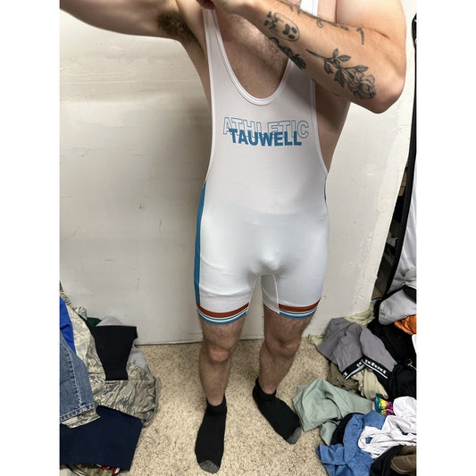 Men’s Tauwell White And Aqua Wrestling Singlet Medium