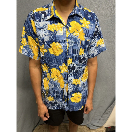 Men’s Medium Social Awearness Blue Yellow UCLA Button Up Shirt Short Sleeve