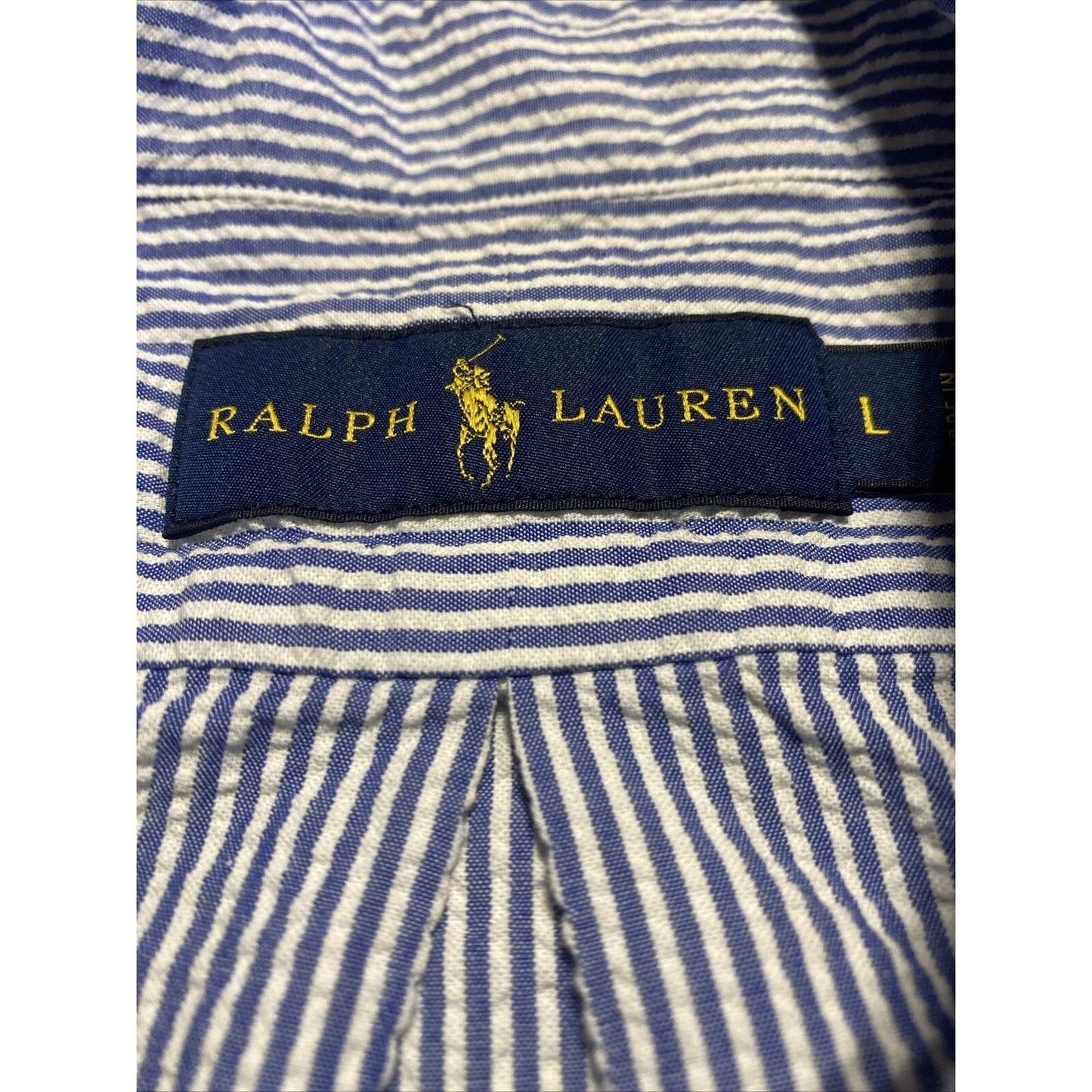 Ralph Lauren Men's Large White Blue Seersucker Striped Short Sleeve Button Down