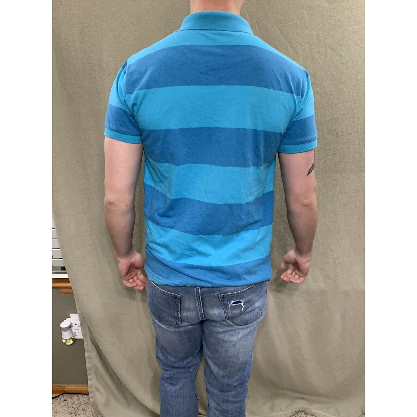 OP Sport Men's Blue Striped Hawaiian Tropical Short Sleeve Polo Shirt Size Small