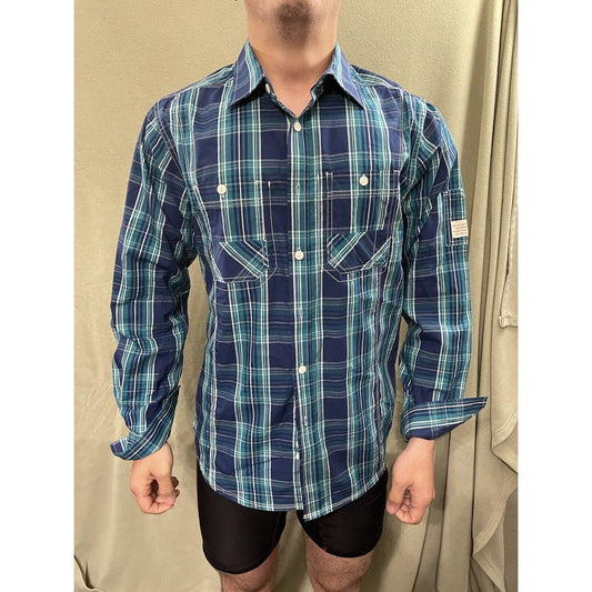 Marc Ecko Cut & Sew Blue Green White Plaid Long Sleeve Button Down Shirt Medium