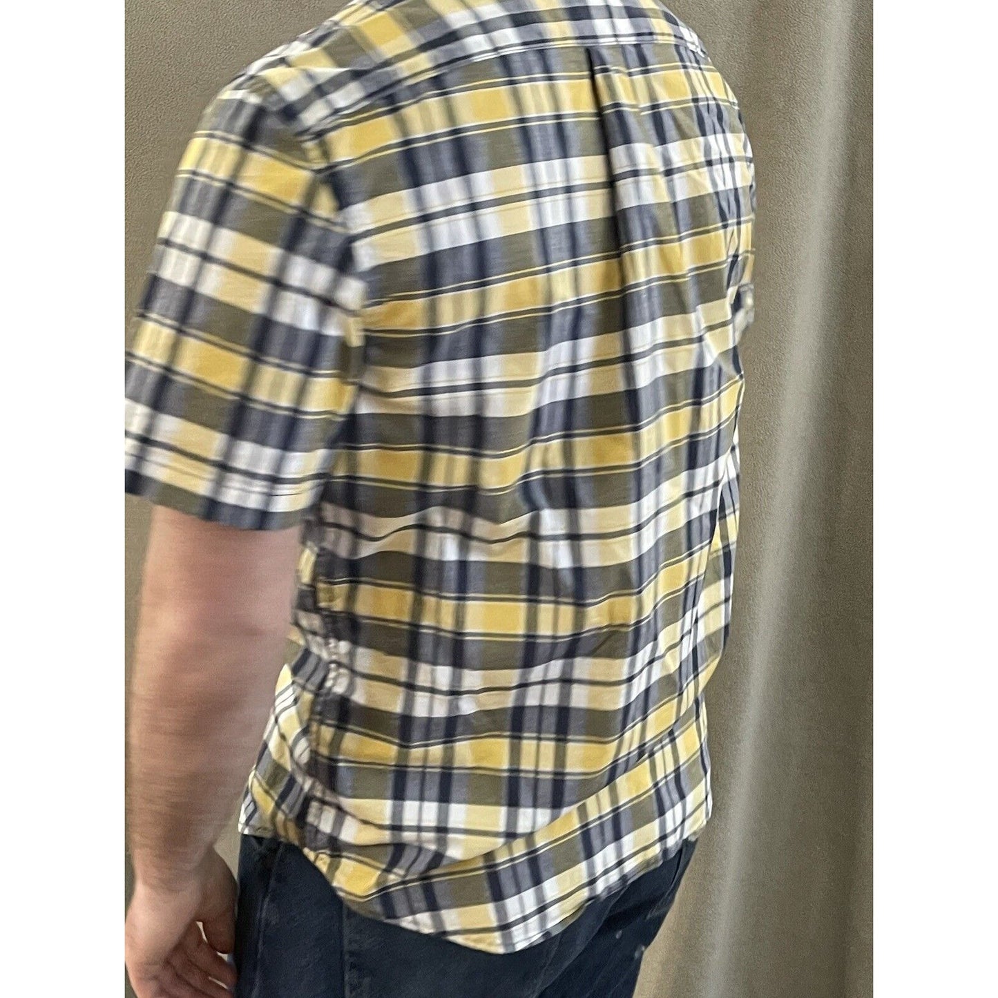 Old Navy Men’s Classic Shirt Stretch Built In Flex Yellow Blue Plaid Large
