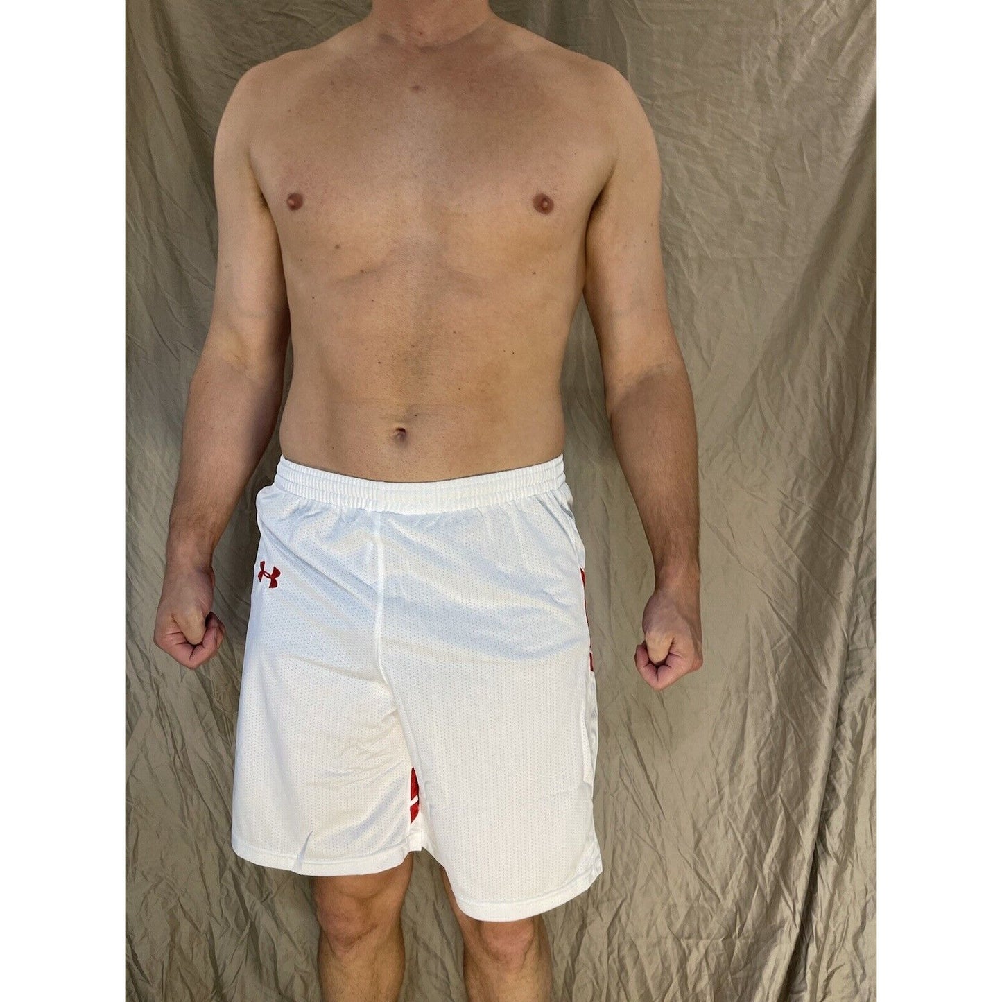 men's large under armour White With Red athletic workout lacrosse shorts