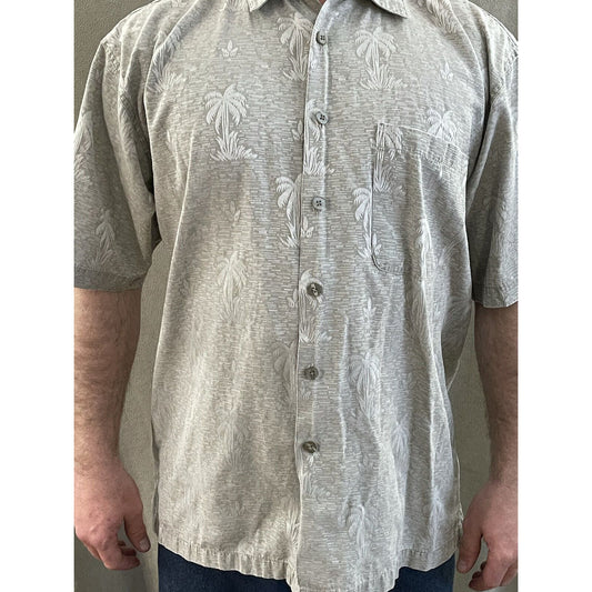 FADED GLORY MEN'S SZ L (42-44) Beige SHORT SLEEVE HAWAIIAN PALM TREES POCKET