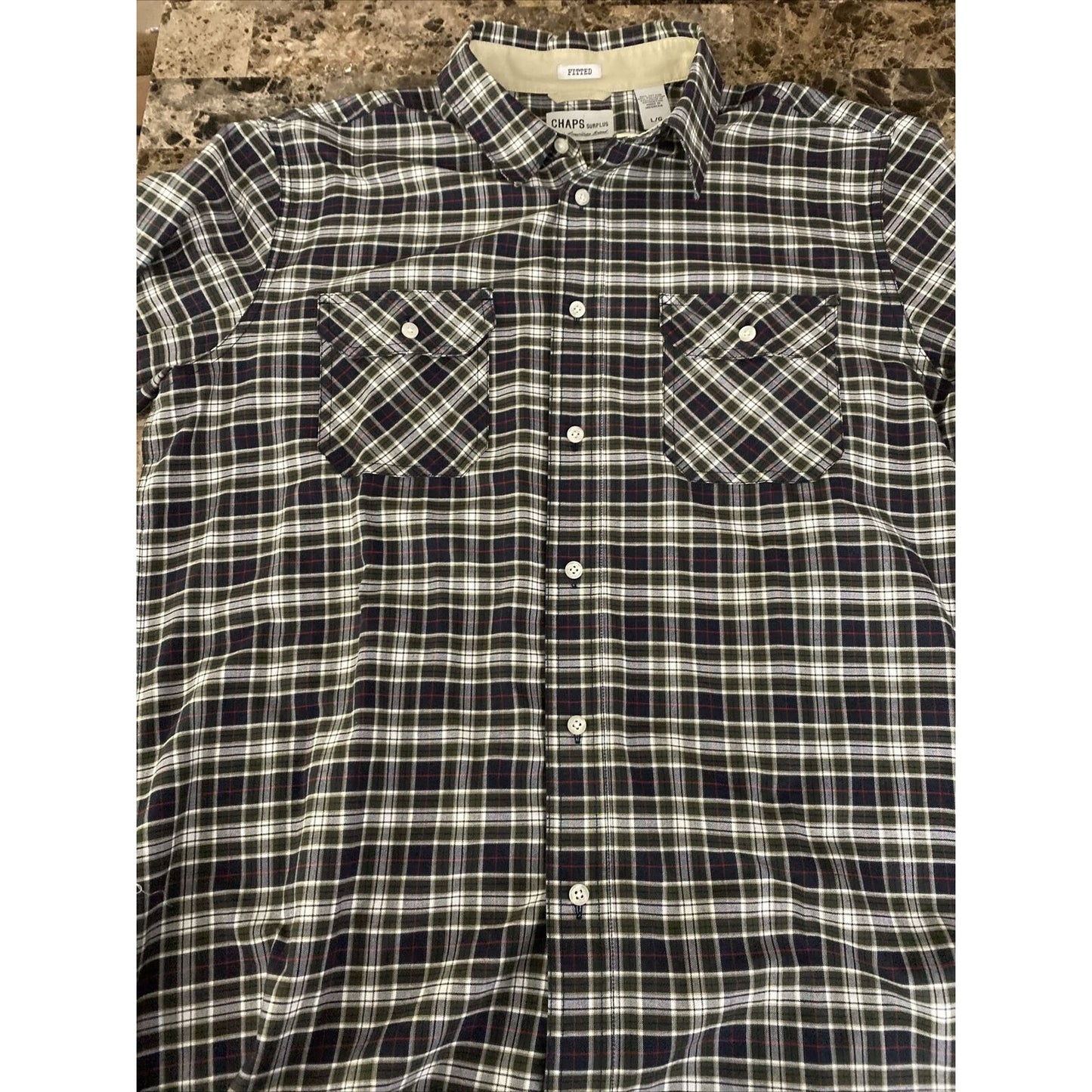 Chaps Surplus Men’s Large Green White Plaid Button-down Fitted Long Sleeves