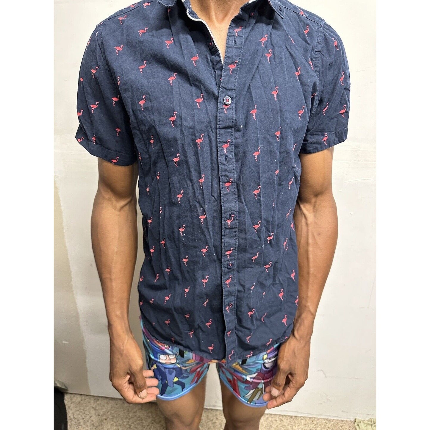 Men’s Cactus Man Ricky Singh Medium Dark Blue Button Up Flamingo Shirt Slim Fit