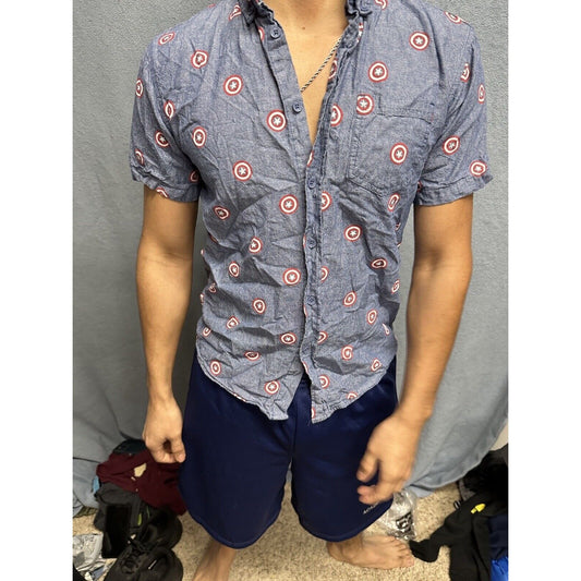 Men’s Button Up Short Sleeve Blue Marvel Small Captain America Shirt