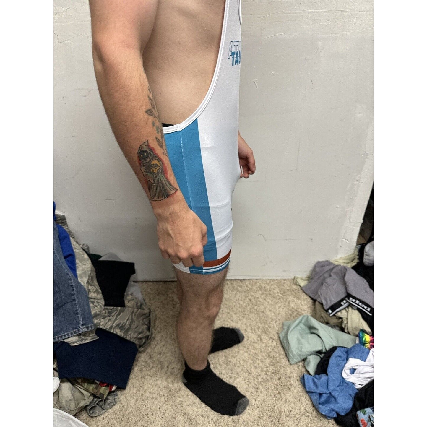 Men’s Tauwell White And Aqua Wrestling Singlet Medium