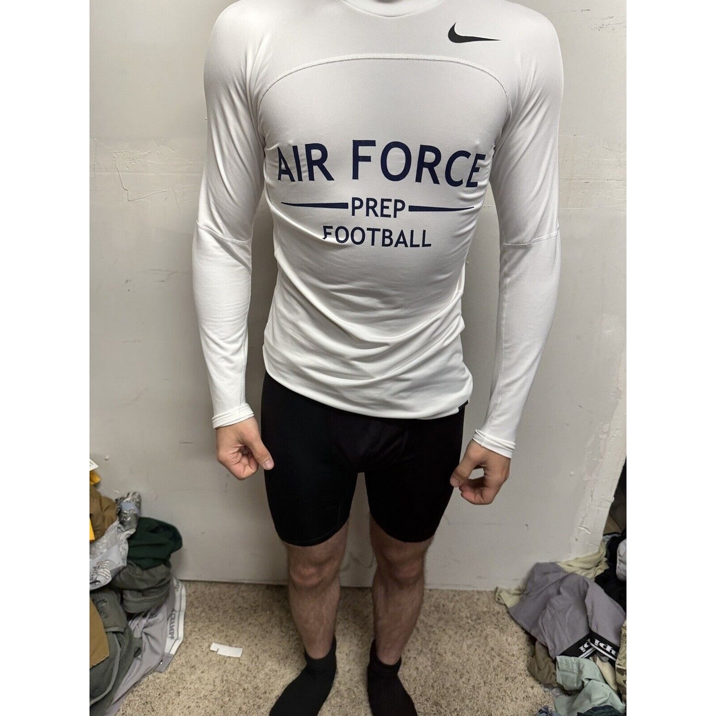 Men’s White Nike Pro Compression Hyper Warm Air Force Prep Football Shirt