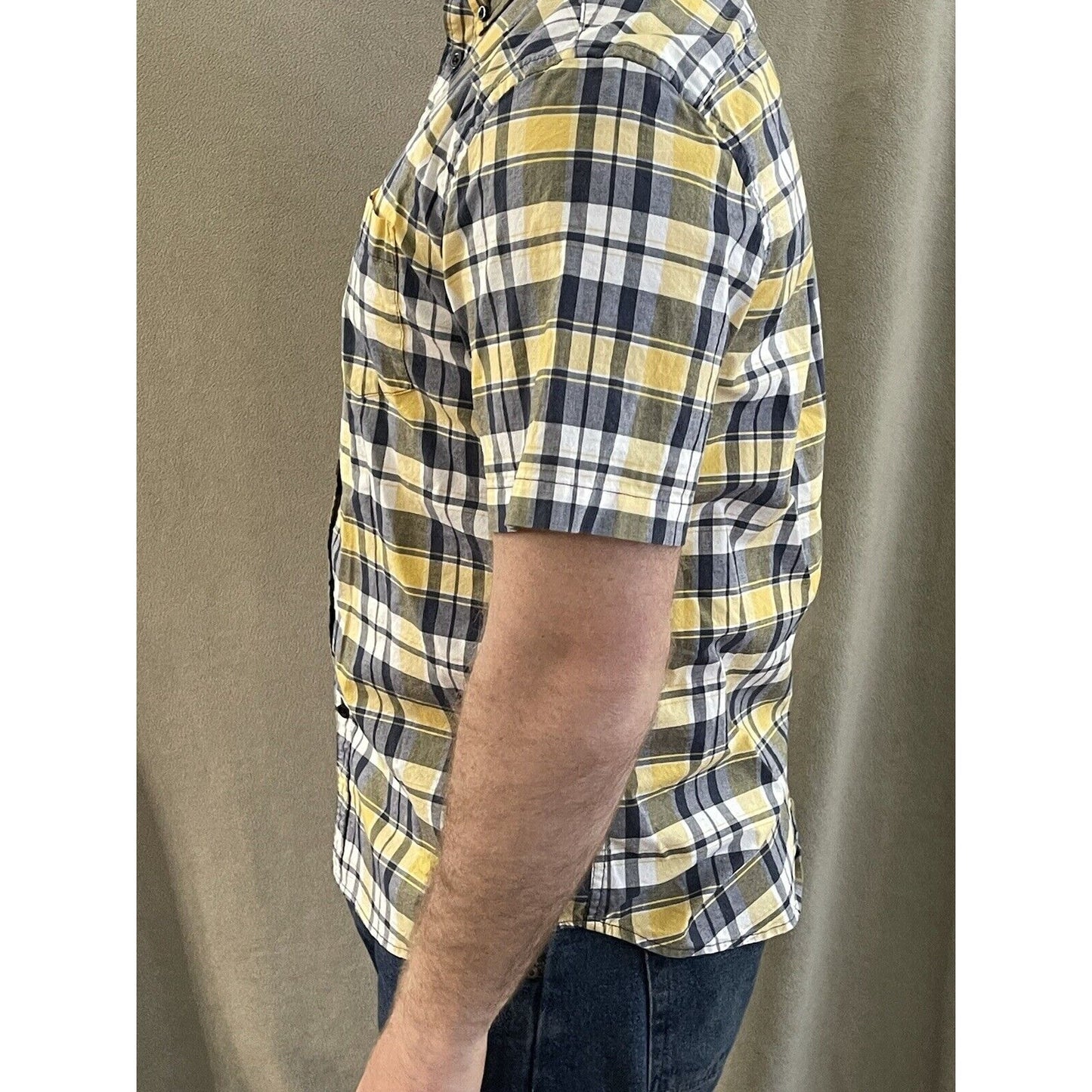 Old Navy Men’s Classic Shirt Stretch Built In Flex Yellow Blue Plaid Large