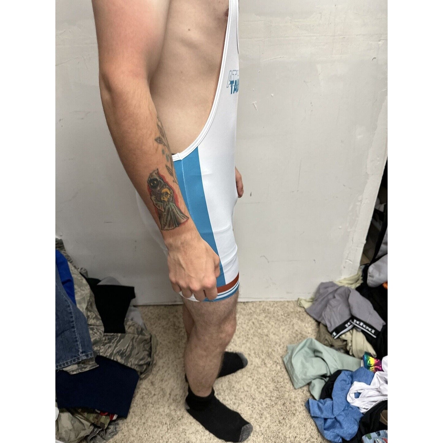 Men’s Tauwell White And Aqua Wrestling Singlet Medium