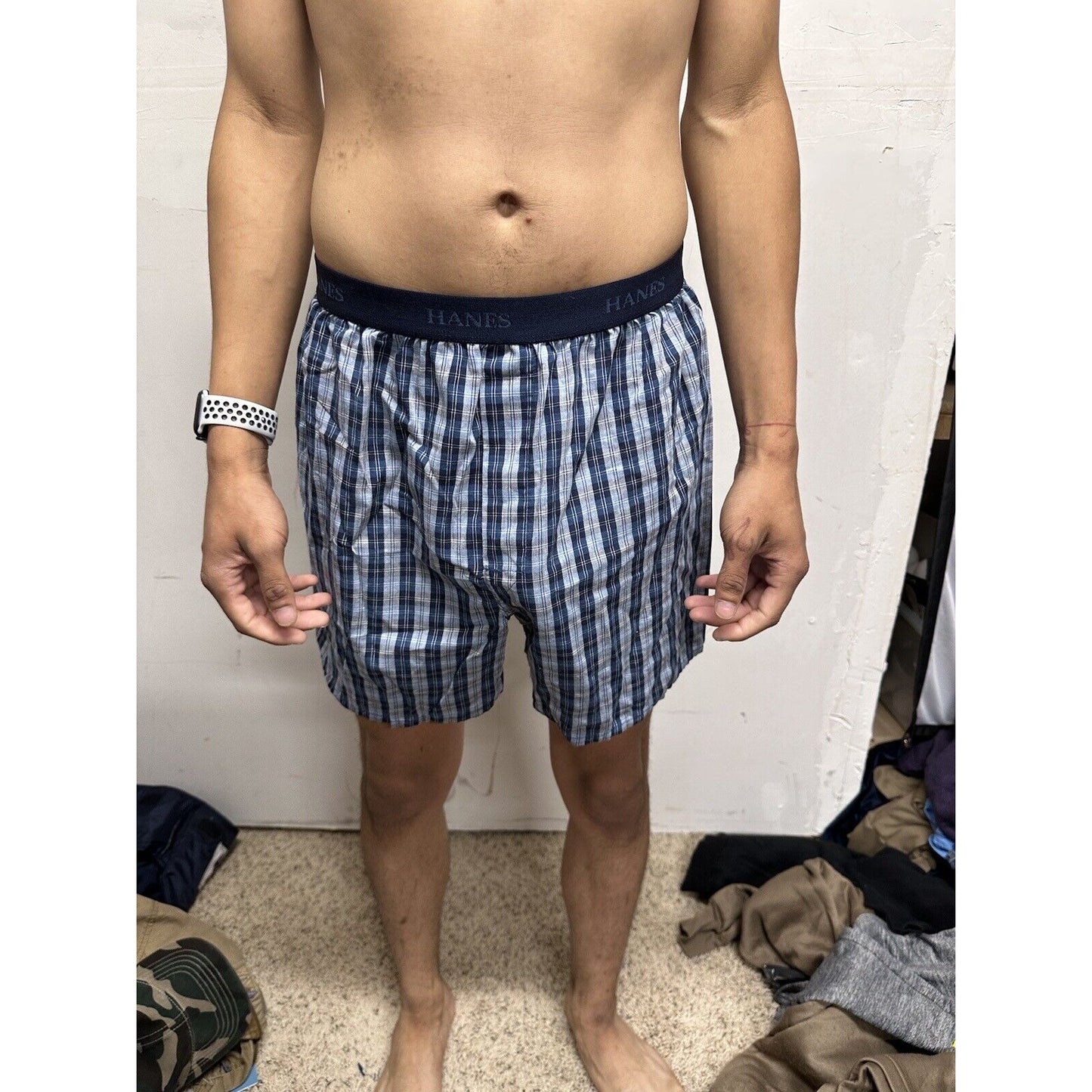 Men’s Hanes Blue Gray Plaid Medium Boxer Shorts Fruit Of The Loom