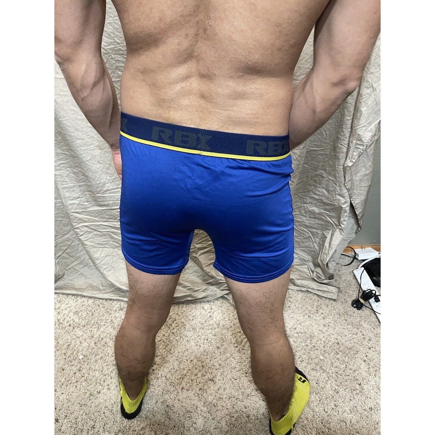 Men's RBX active polyester spandex royal blue compression boxer shorts Large
