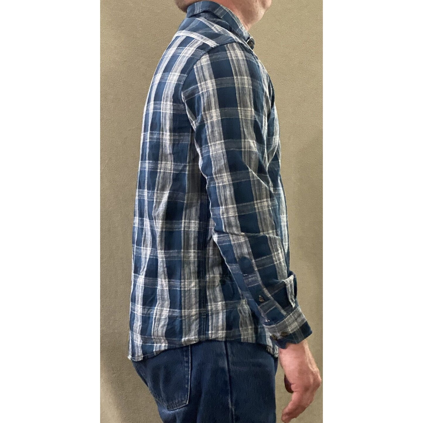 Faded Glory Men’s Medium Cobalt Blue White Plaid Button-down Cotton Long Sleeves