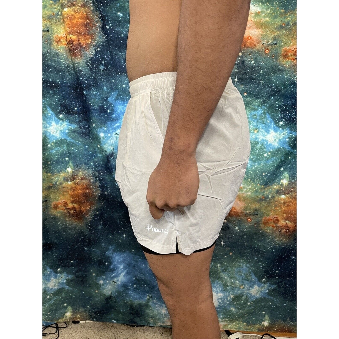 Pudolla White Large Running Shorts with Liner and pockets