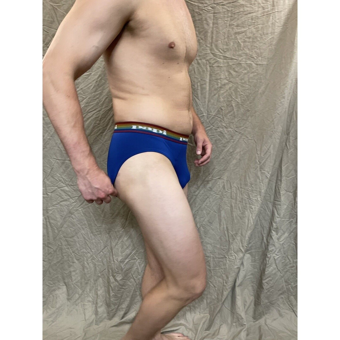 men's Blue rainbow pride papi brief 8% spandex XL