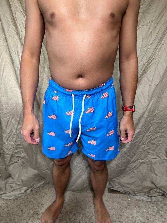 Men’s blue American flag patriotic size medium bathing suit with lining and pockets us apparel