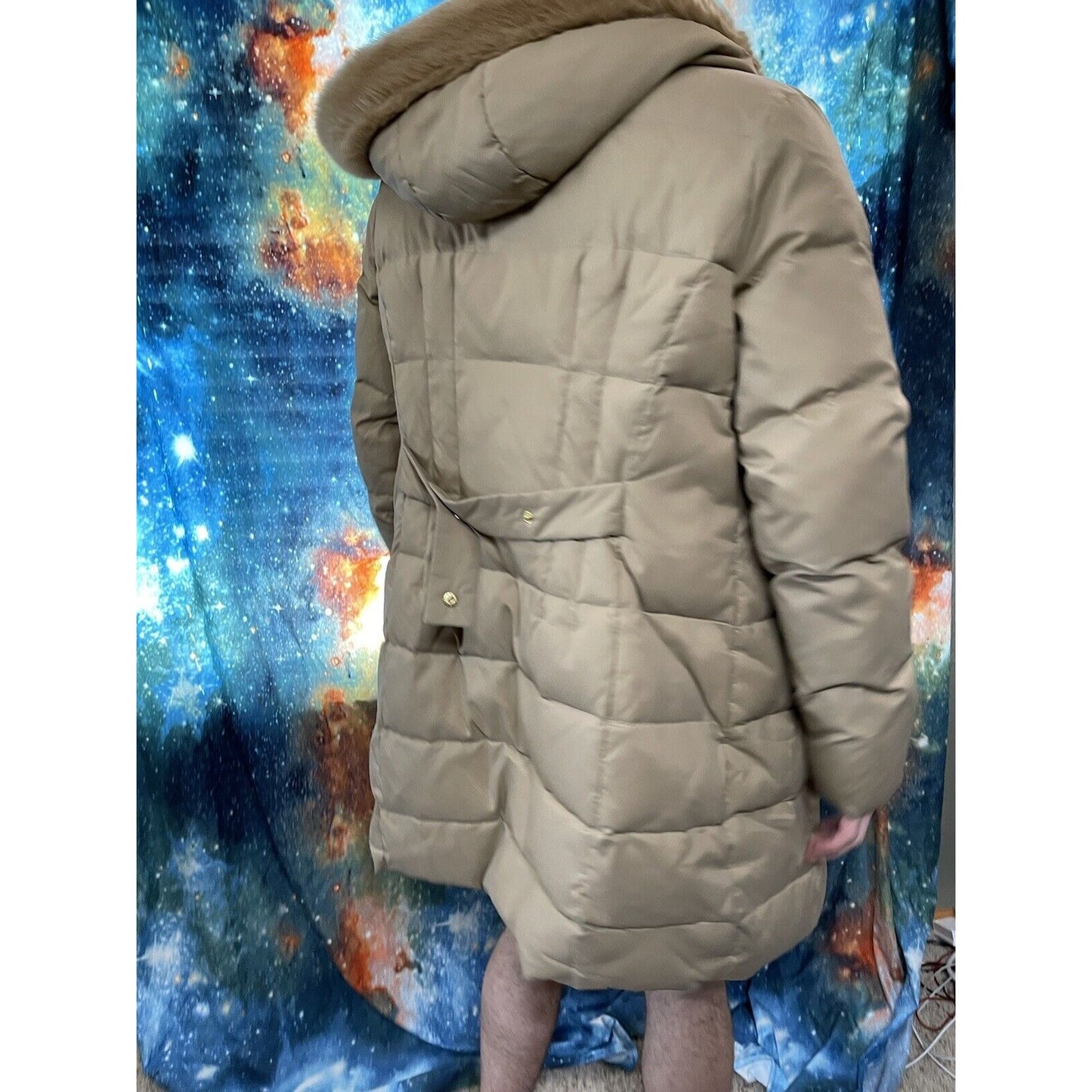 Larry Levin Women's Large Tan Puffy Snap jacket Down Faux Fur