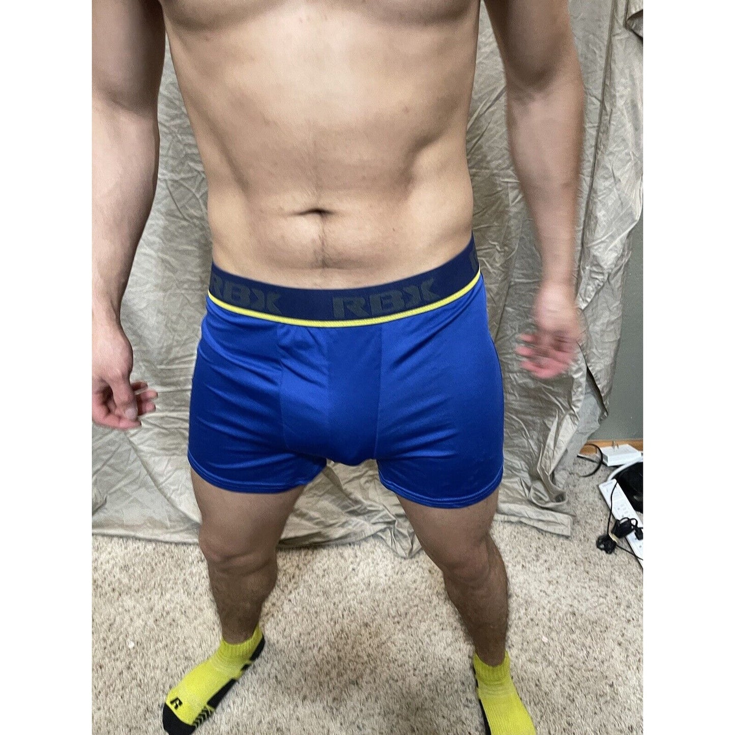 Men's RBX active polyester spandex royal blue compression boxer shorts Large
