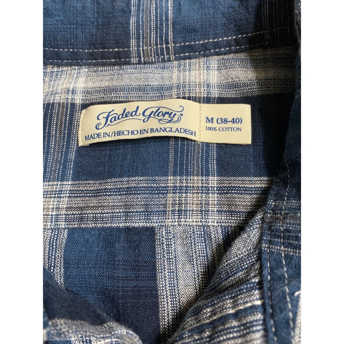 Faded Glory Men’s Medium Cobalt Blue White Plaid Button-down Cotton Long Sleeves