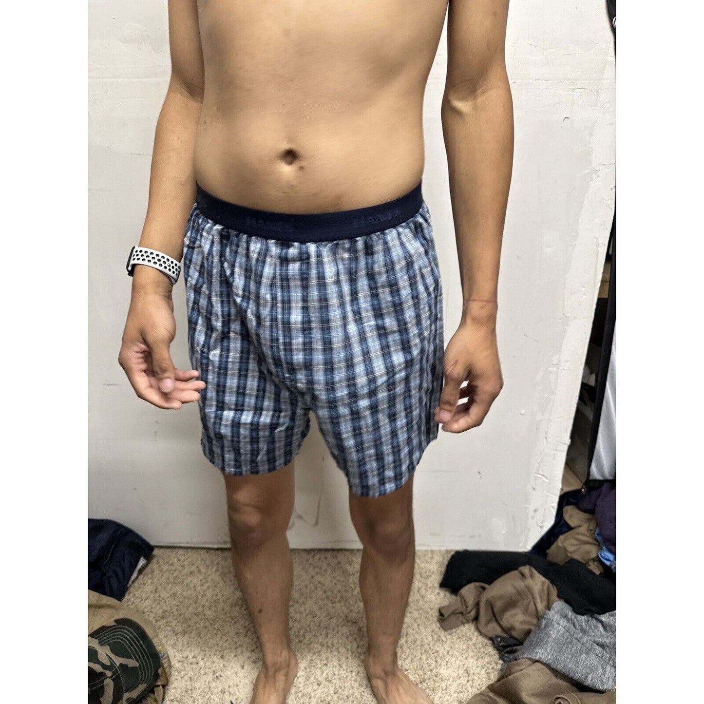 Men’s Hanes Blue Gray Plaid Medium Boxer Shorts Fruit Of The Loom