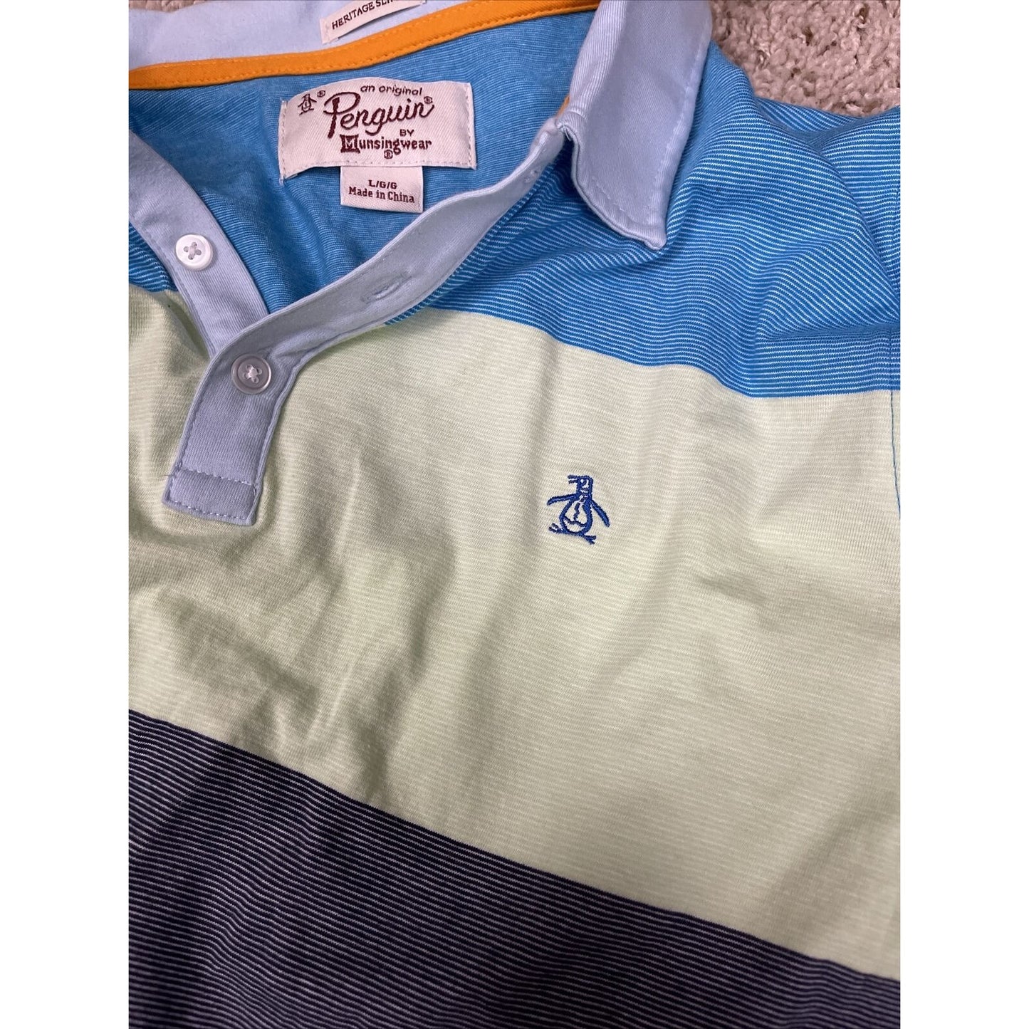 PENGUIN By Munsingwear 3 Button SS Polo Shirt Gree/Blue Large Heritage Slim Fit